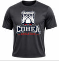 A two-piece athletic uniform set featuring a dark gray short-sleeve t-shirt and navy blue shorts, both printed with a bulldog mascot logo and the text 'COHEA ATHLETICS'.