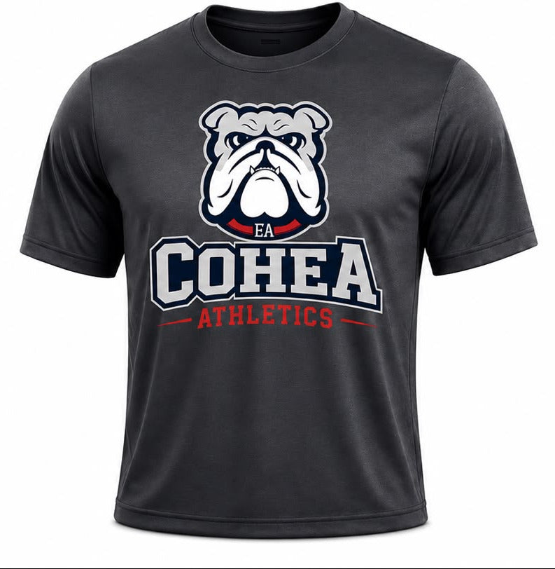 A two-piece athletic uniform set featuring a dark gray short-sleeve t-shirt and navy blue shorts, both printed with a bulldog mascot logo and the text 'COHEA ATHLETICS'.